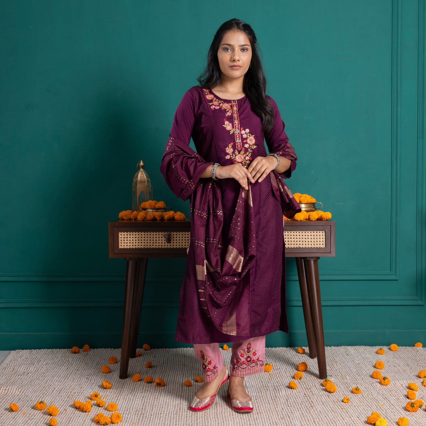Wine Embroidered Kurta with Pants and Dupatta