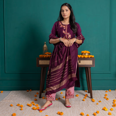 Wine Embroidered Kurta with Pants and Dupatta