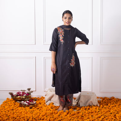 Black Embroidered Kurta with Pants and Dupatta