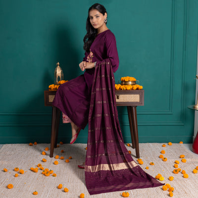 Wine Embroidered Kurta with Pants and Dupatta