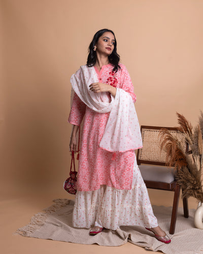 Coral Pink Bandhni Printed Sharara Set