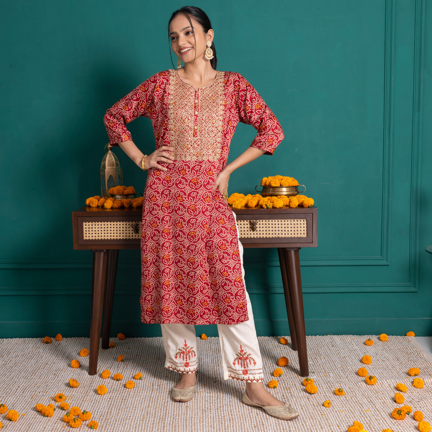 Dark Red Bandhni Printed Kurta