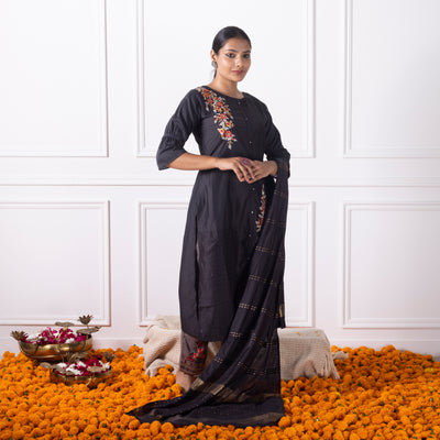 Black Embroidered Kurta with Pants and Dupatta