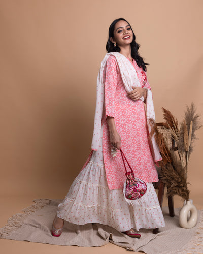Coral Pink Bandhni Printed Sharara Set