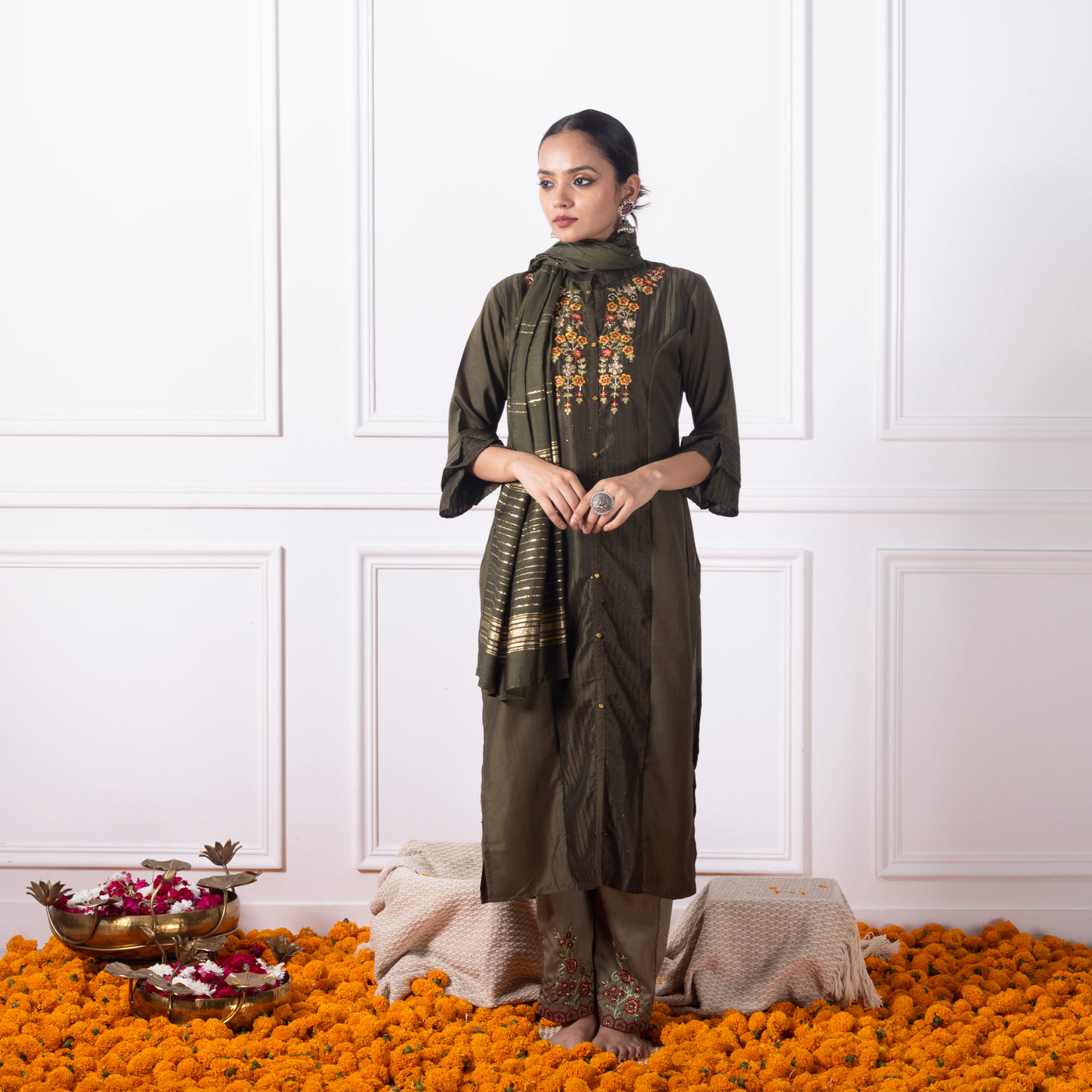 Olive Green Embroidered Kurta with Pants and Dupatta