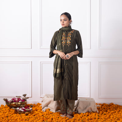 Olive Green Embroidered Kurta with Pants and Dupatta