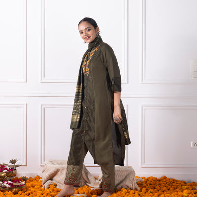 Olive Green Embroidered Kurta with Pants and Dupatta