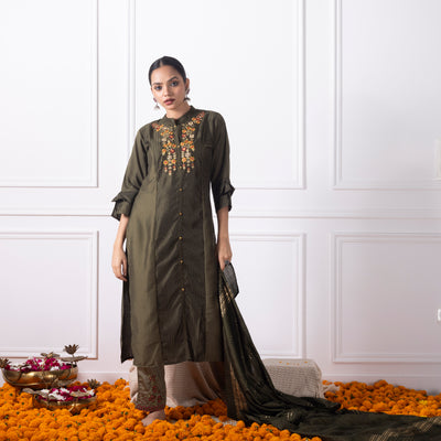 Olive Green Embroidered Kurta with Pants and Dupatta