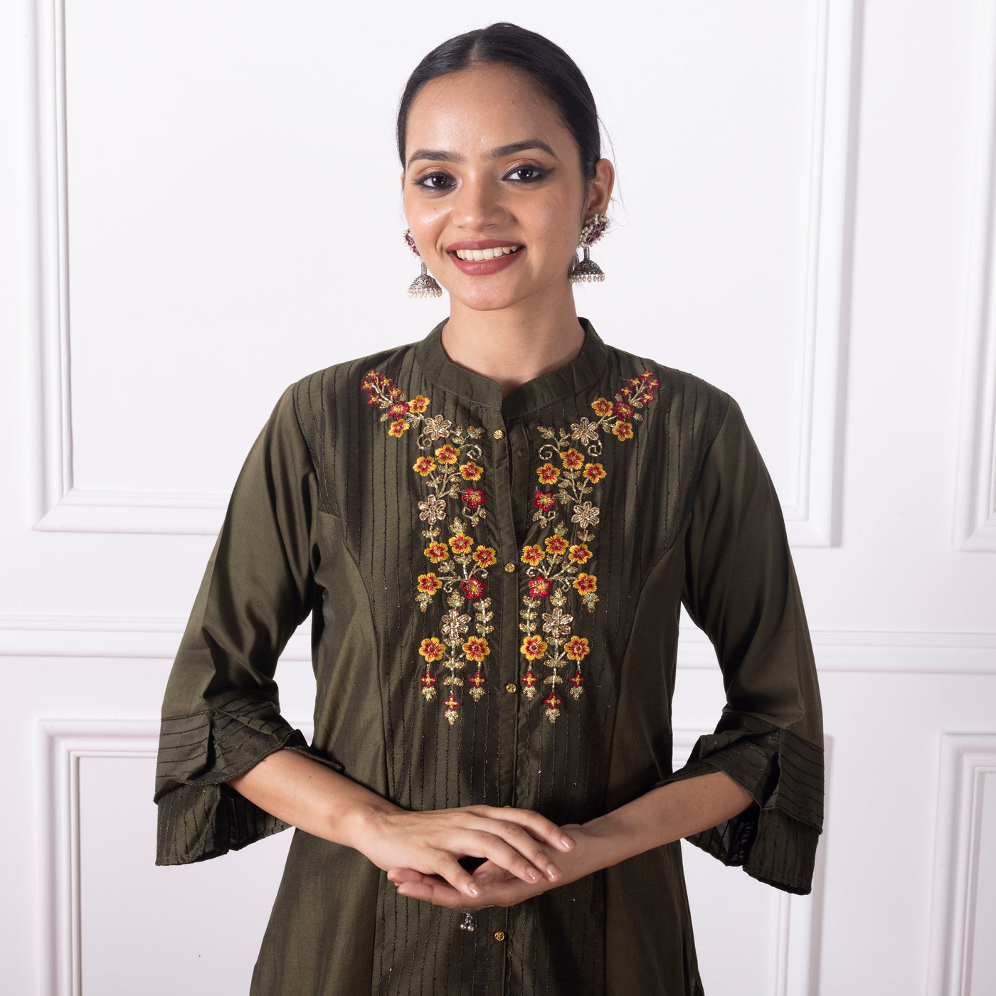 Olive Green Embroidered Kurta with Pants and Dupatta