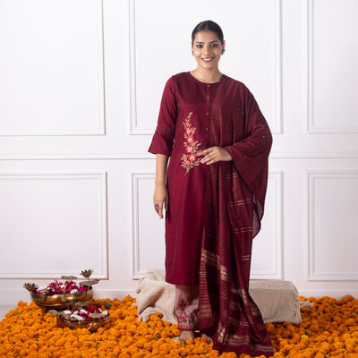 Maroon Embroidered Kurta with Pants and Dupatta