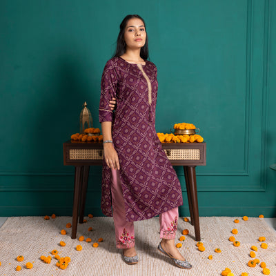 Dark Purple Bandhni Printed Kurta