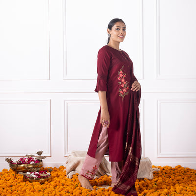 Maroon Embroidered Kurta with Pants and Dupatta