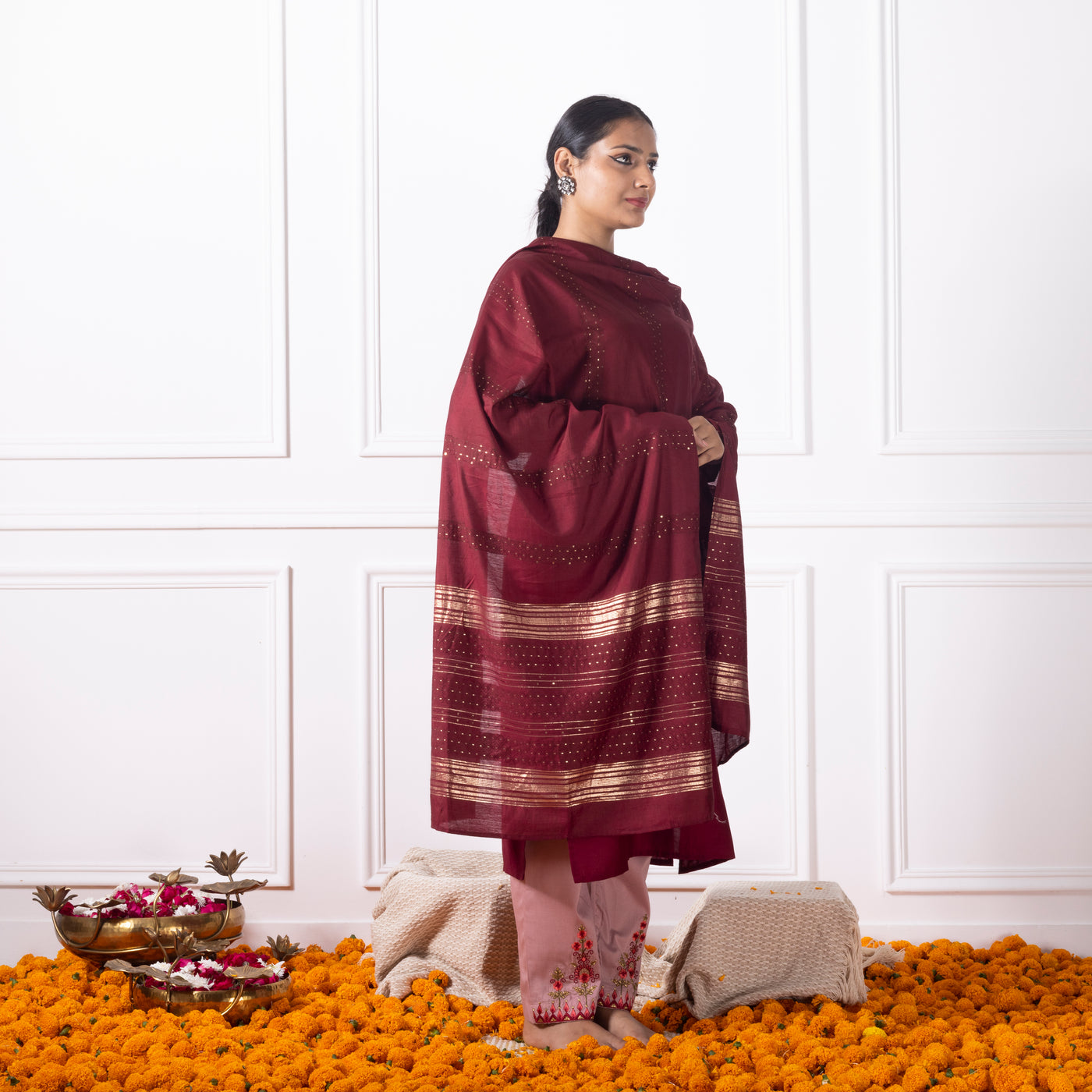 Maroon Embroidered Kurta with Pants and Dupatta
