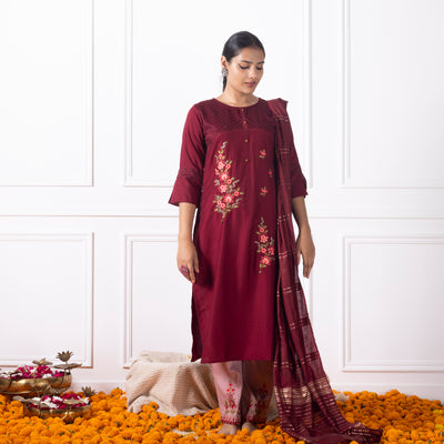 Maroon Embroidered Kurta with Pants and Dupatta