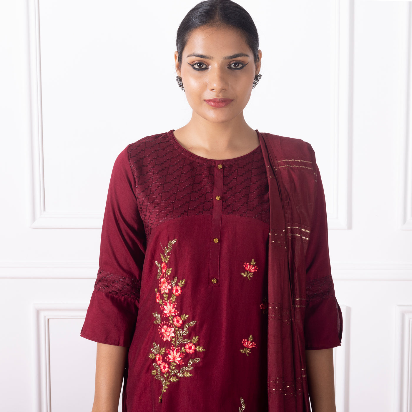 Maroon Embroidered Kurta with Pants and Dupatta