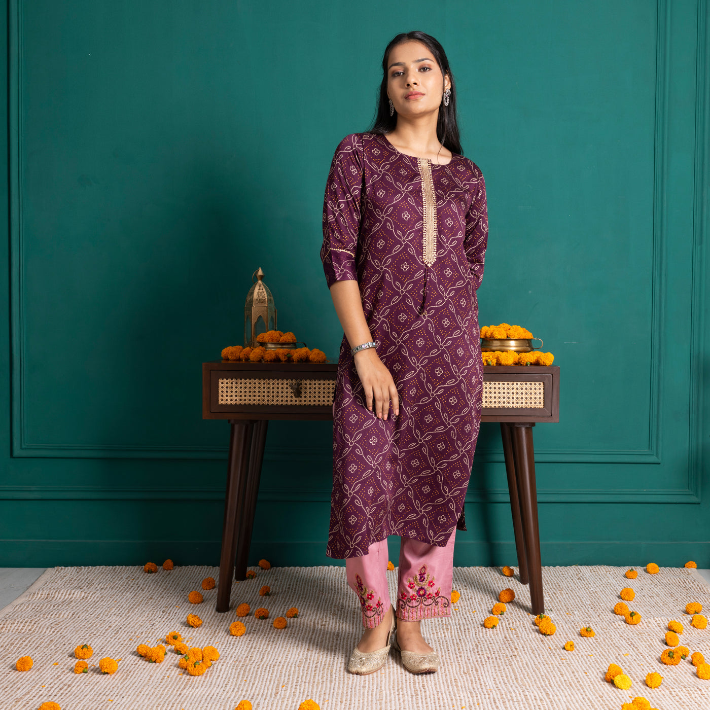 Dark Purple Bandhni Printed Kurta
