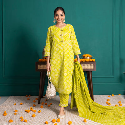 Parrot Green Printed Suit Set