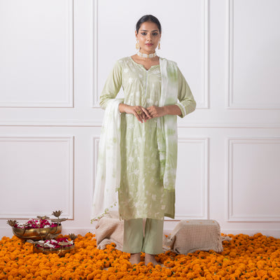 Pista Green Embroidered Kurta with Pants and Dupatta