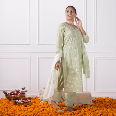 Pista Green Embroidered Kurta with Pants and Dupatta