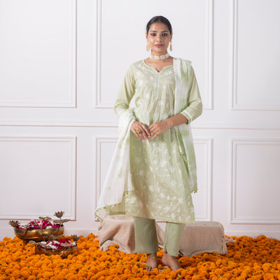 Pista Green Embroidered Kurta with Pants and Dupatta