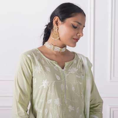 Pista Green Embroidered Kurta with Pants and Dupatta