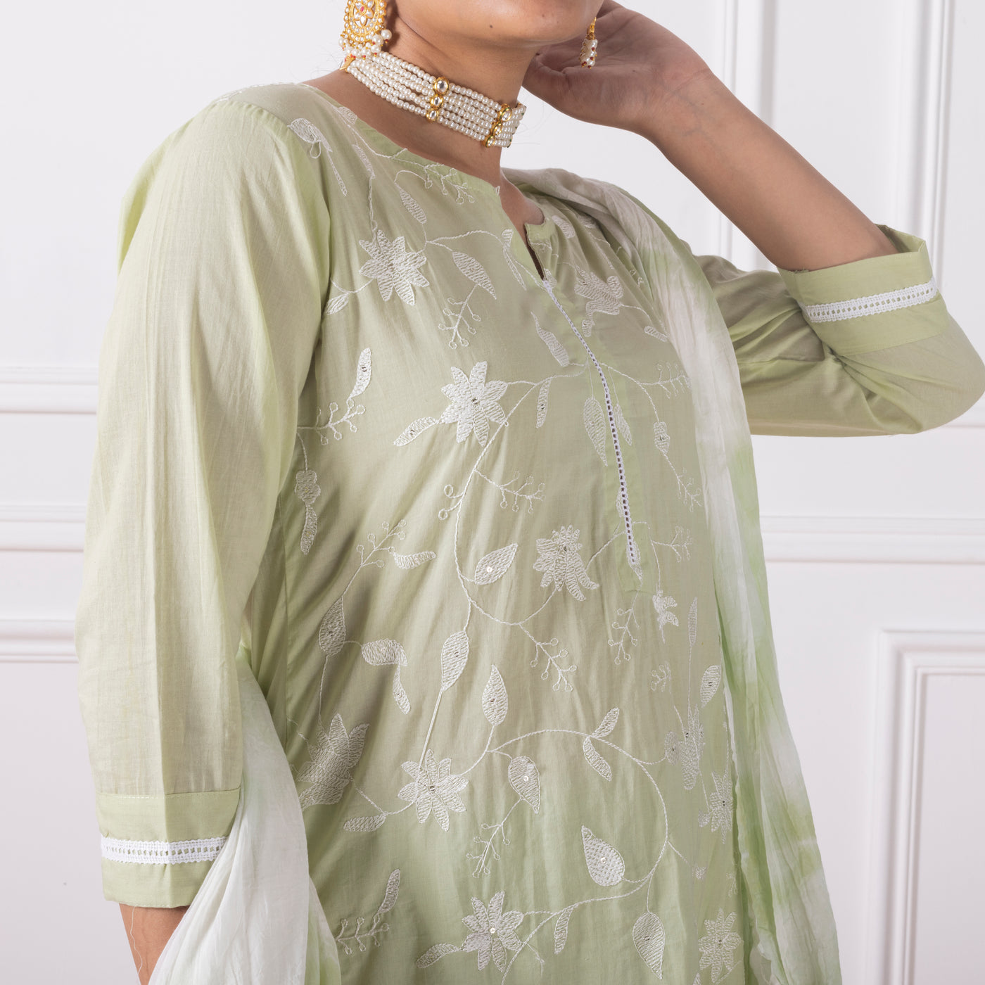 Pista Green Embroidered Kurta with Pants and Dupatta
