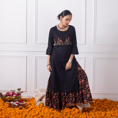 Black Printed Sharara Set