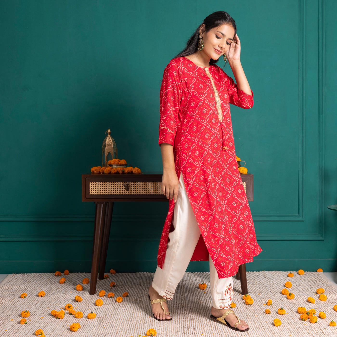 Red Bandhni Printed Kurta