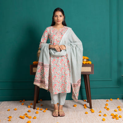 Red And Green Printed Suit Set