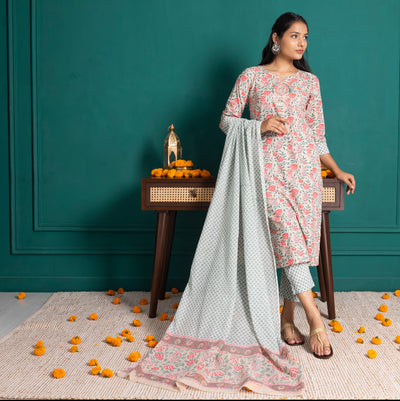 Red And Green Printed Suit Set