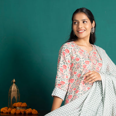 Red And Green Printed Suit Set