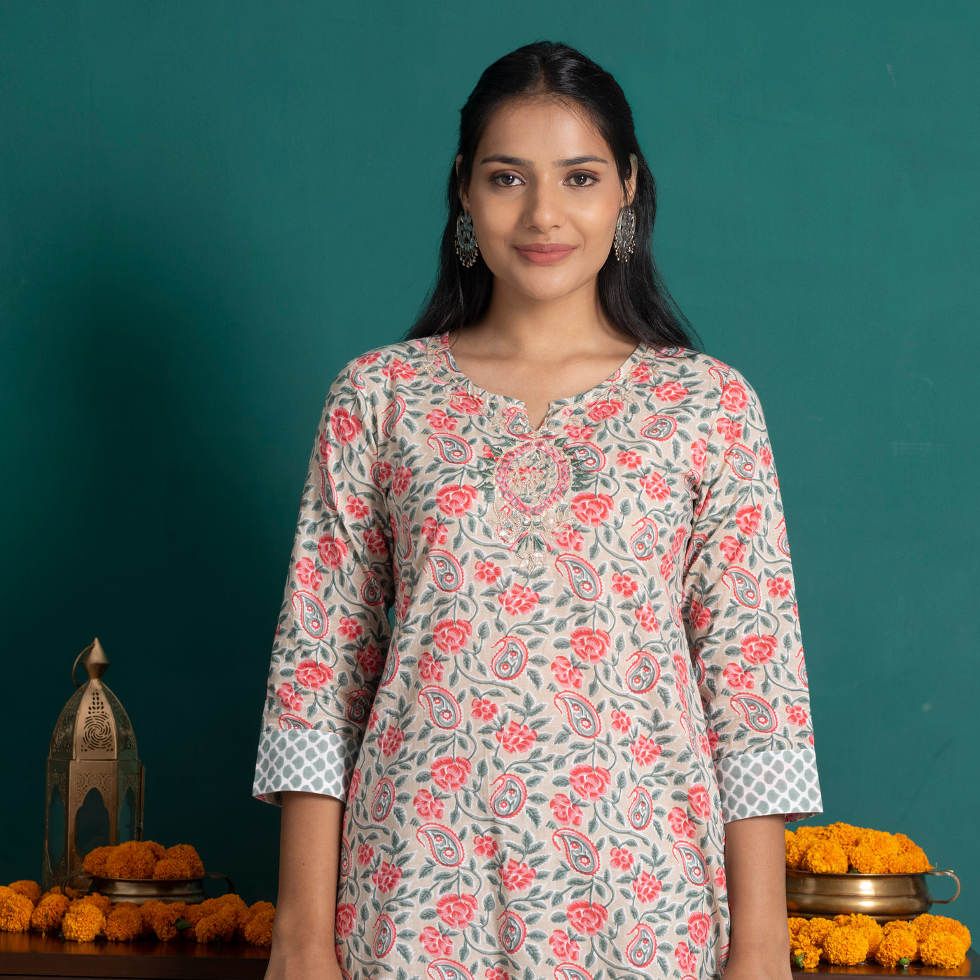 Red And Green Printed Suit Set