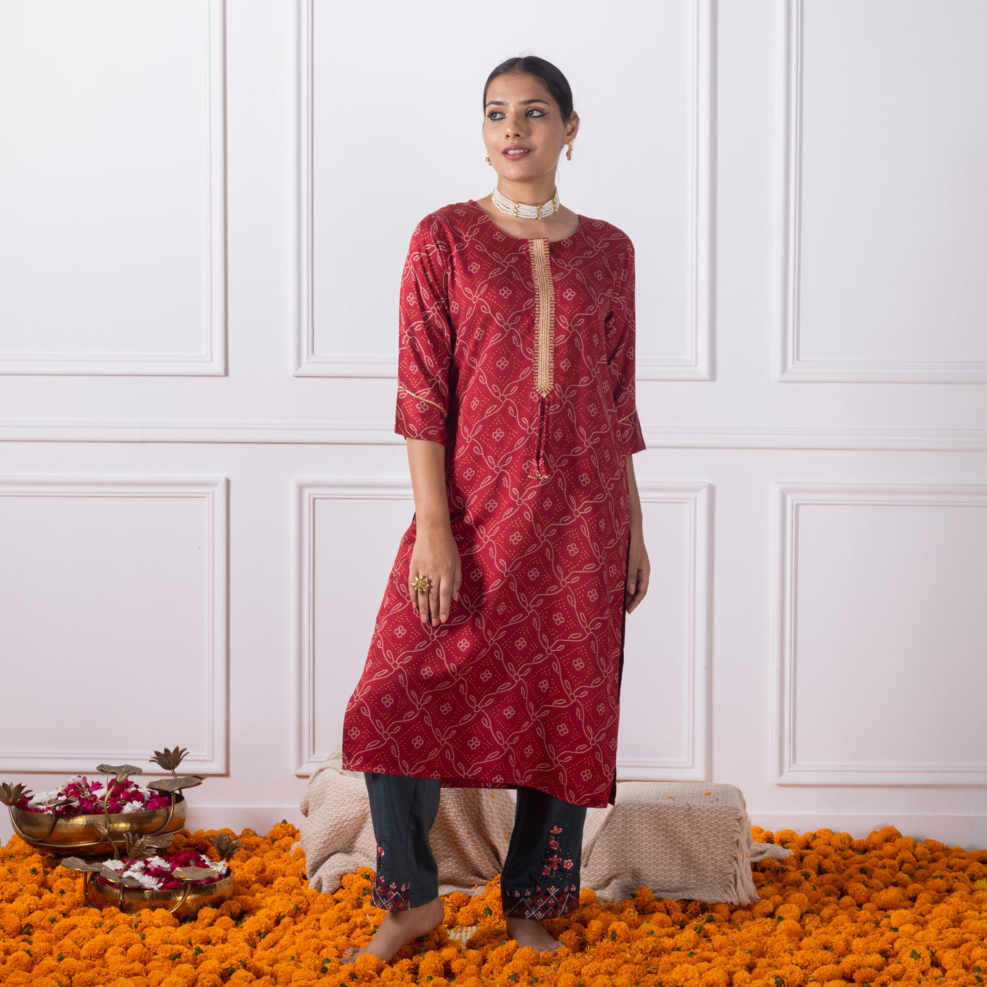 Maroon Bandhni Printed Kurta