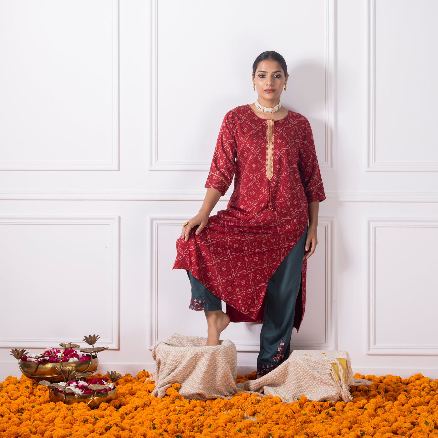 Maroon Bandhni Printed Kurta