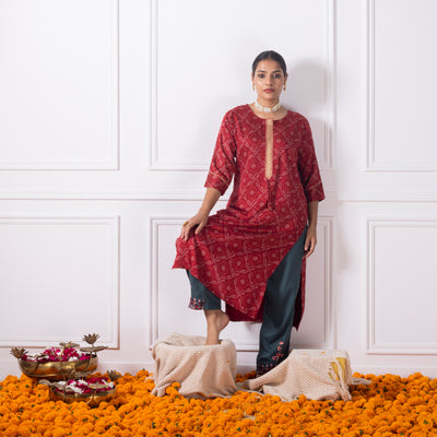 Maroon Bandhni Printed Kurta