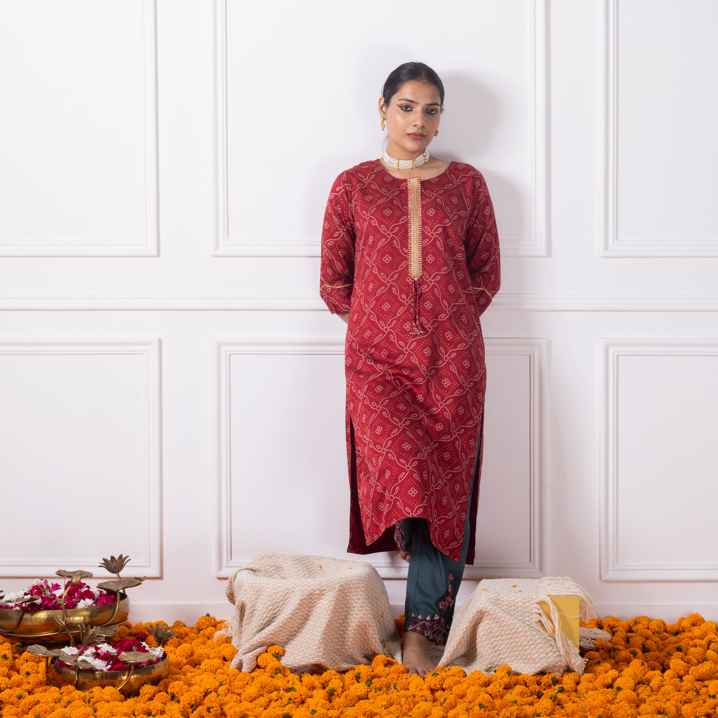 Maroon Bandhni Printed Kurta