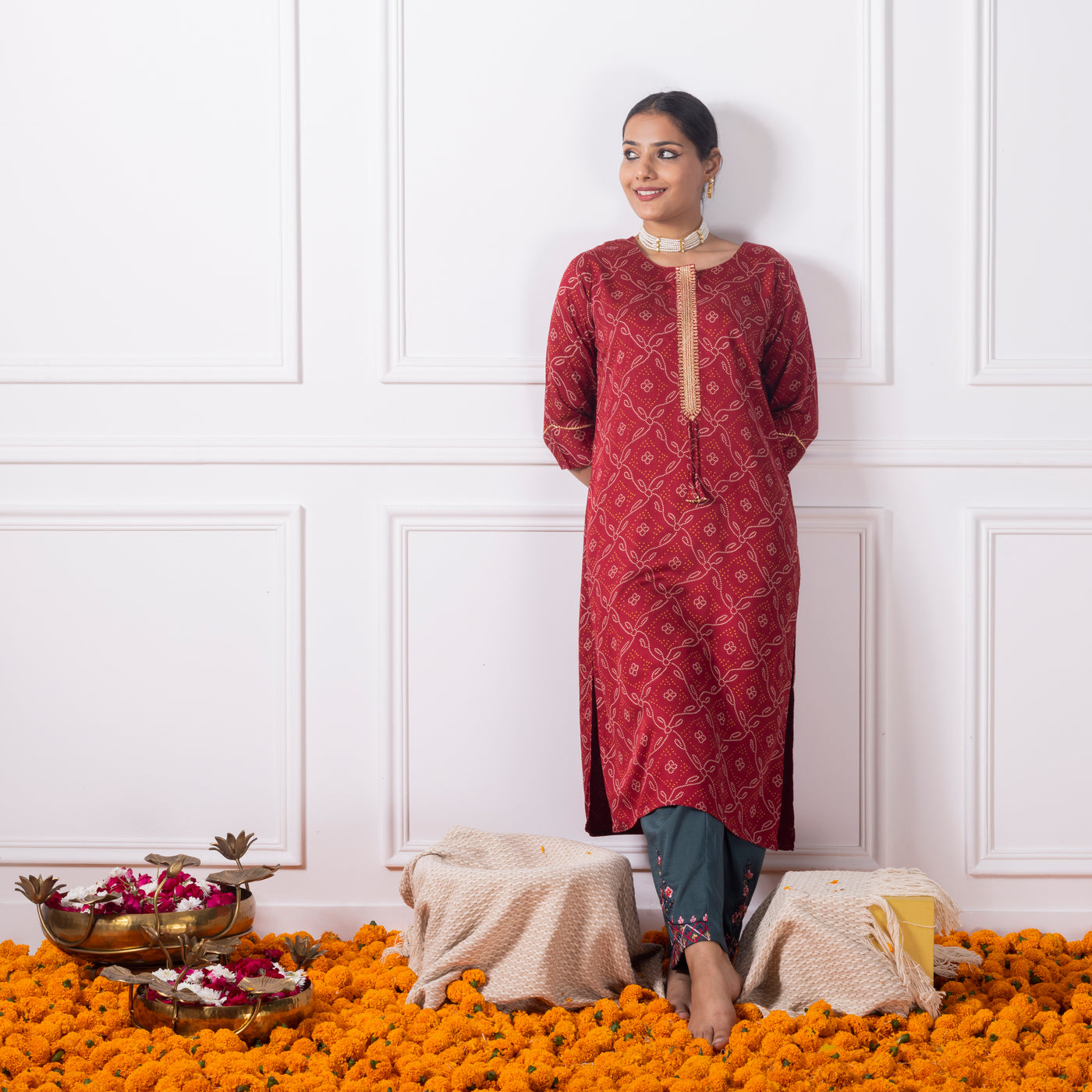 Maroon Bandhni Printed Kurta