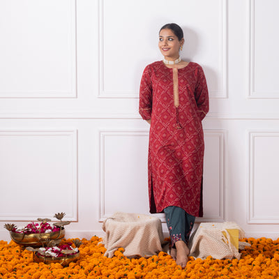 Maroon Bandhni Printed Kurta
