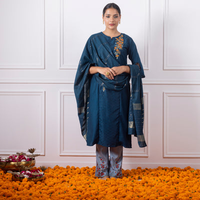Navy Blue Embroidered Kurta with Pants and Dupatta