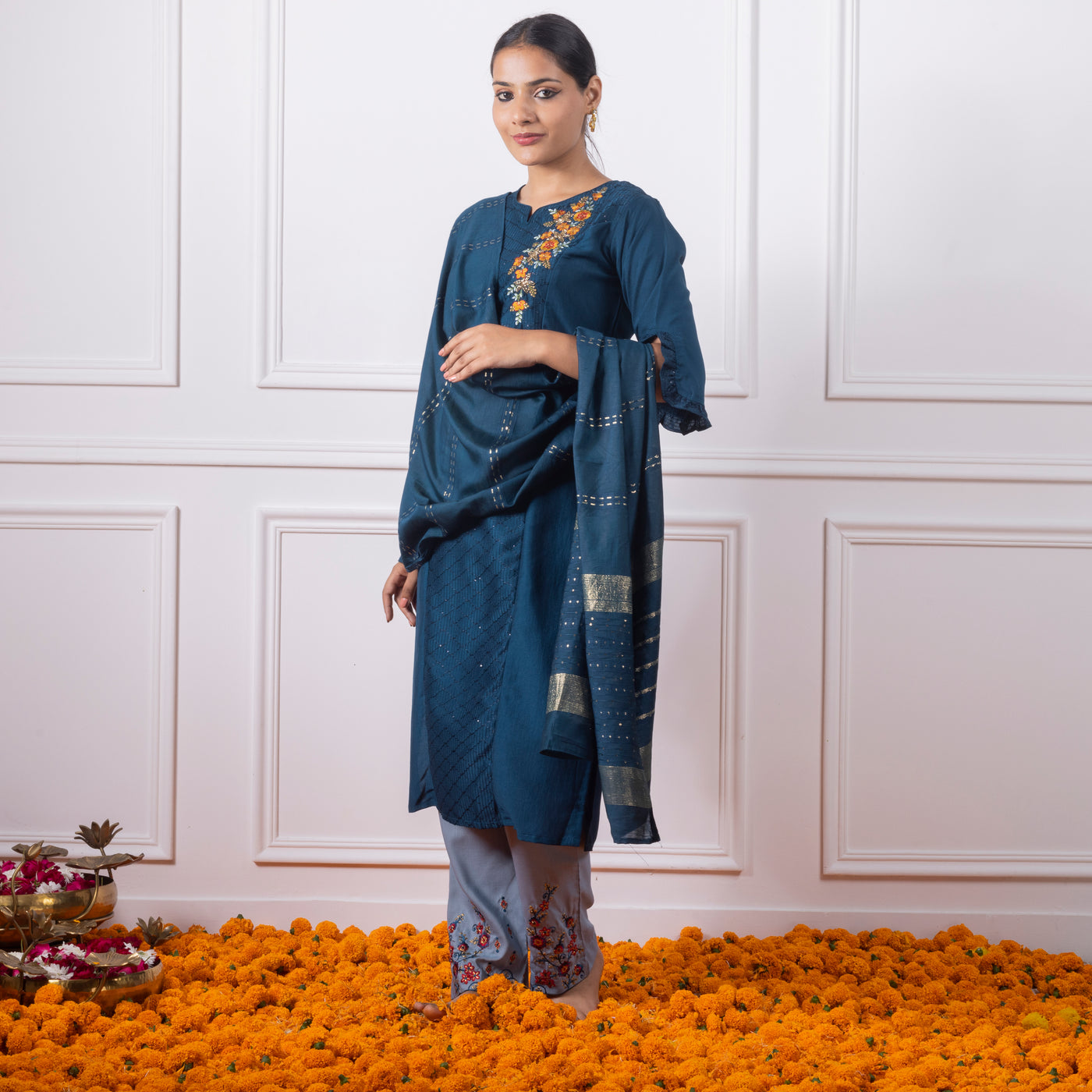 Navy Blue Embroidered Kurta with Pants and Dupatta