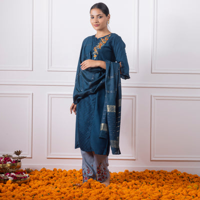 Navy Blue Embroidered Kurta with Pants and Dupatta