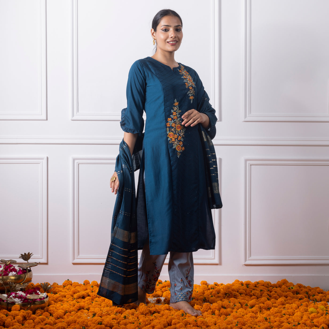 Navy Blue Embroidered Kurta with Pants and Dupatta
