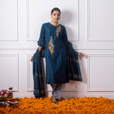 Navy Blue Embroidered Kurta with Pants and Dupatta