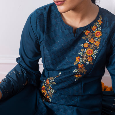 Navy Blue Embroidered Kurta with Pants and Dupatta