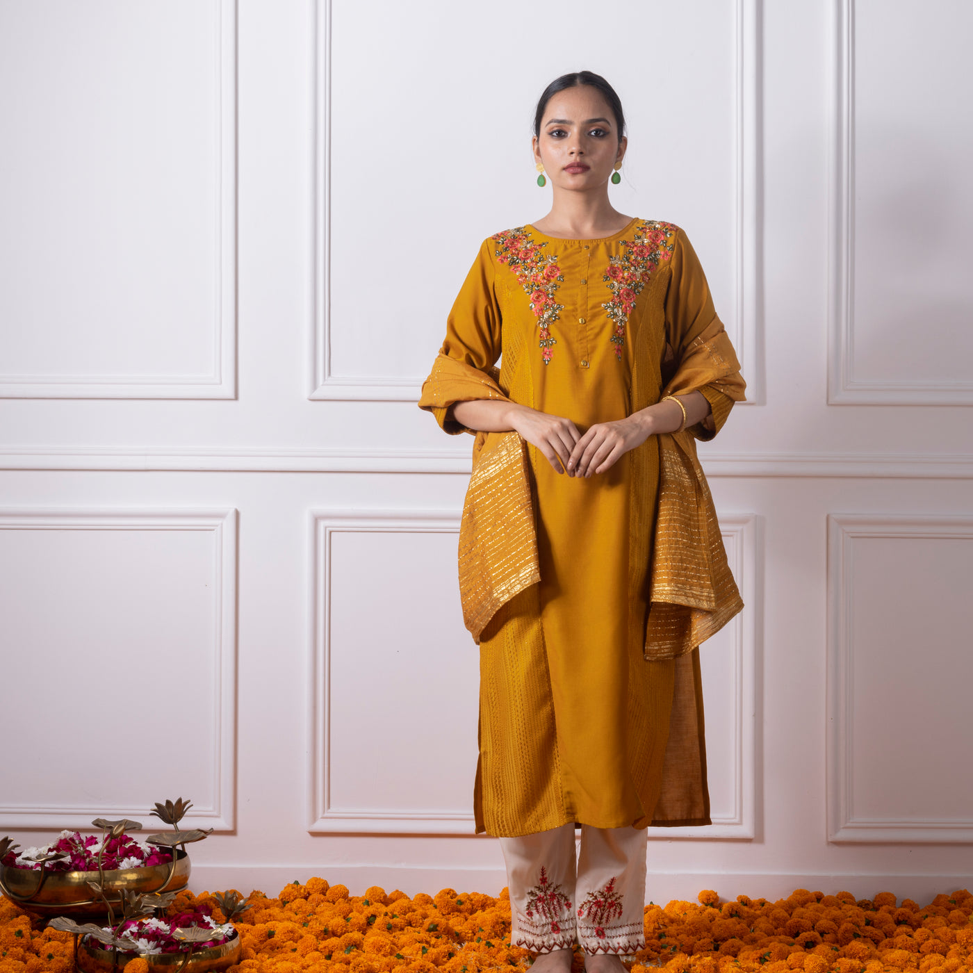 Mustard Yellow Embroidered Kurta with Pants and Dupatta
