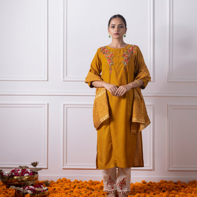 Mustard Yellow Embroidered Kurta with Pants and Dupatta