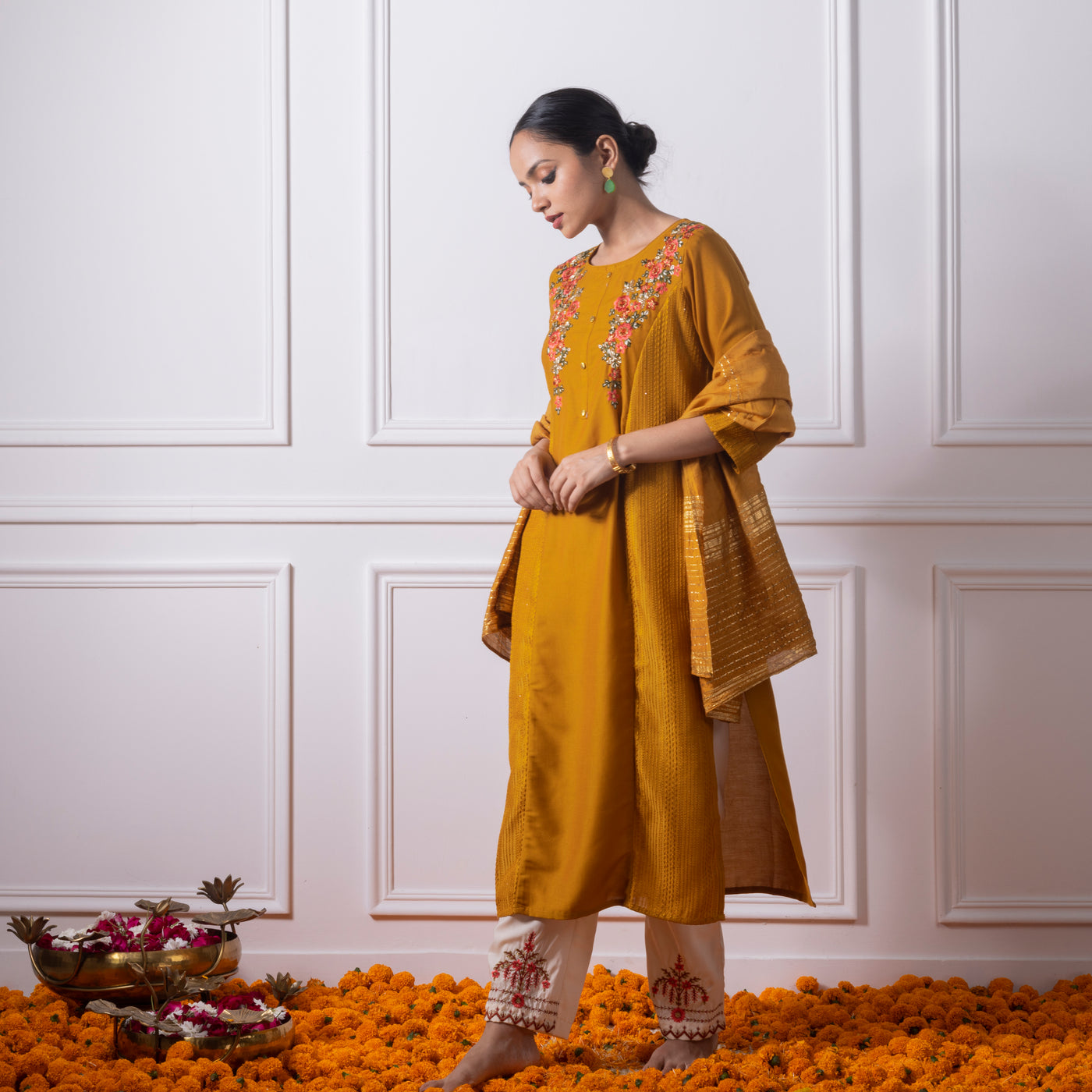 Mustard Yellow Embroidered Kurta with Pants and Dupatta