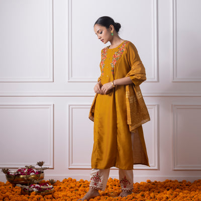Mustard Yellow Embroidered Kurta with Pants and Dupatta