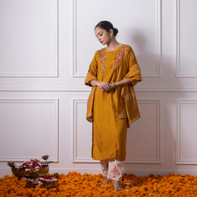 Mustard Yellow Embroidered Kurta with Pants and Dupatta