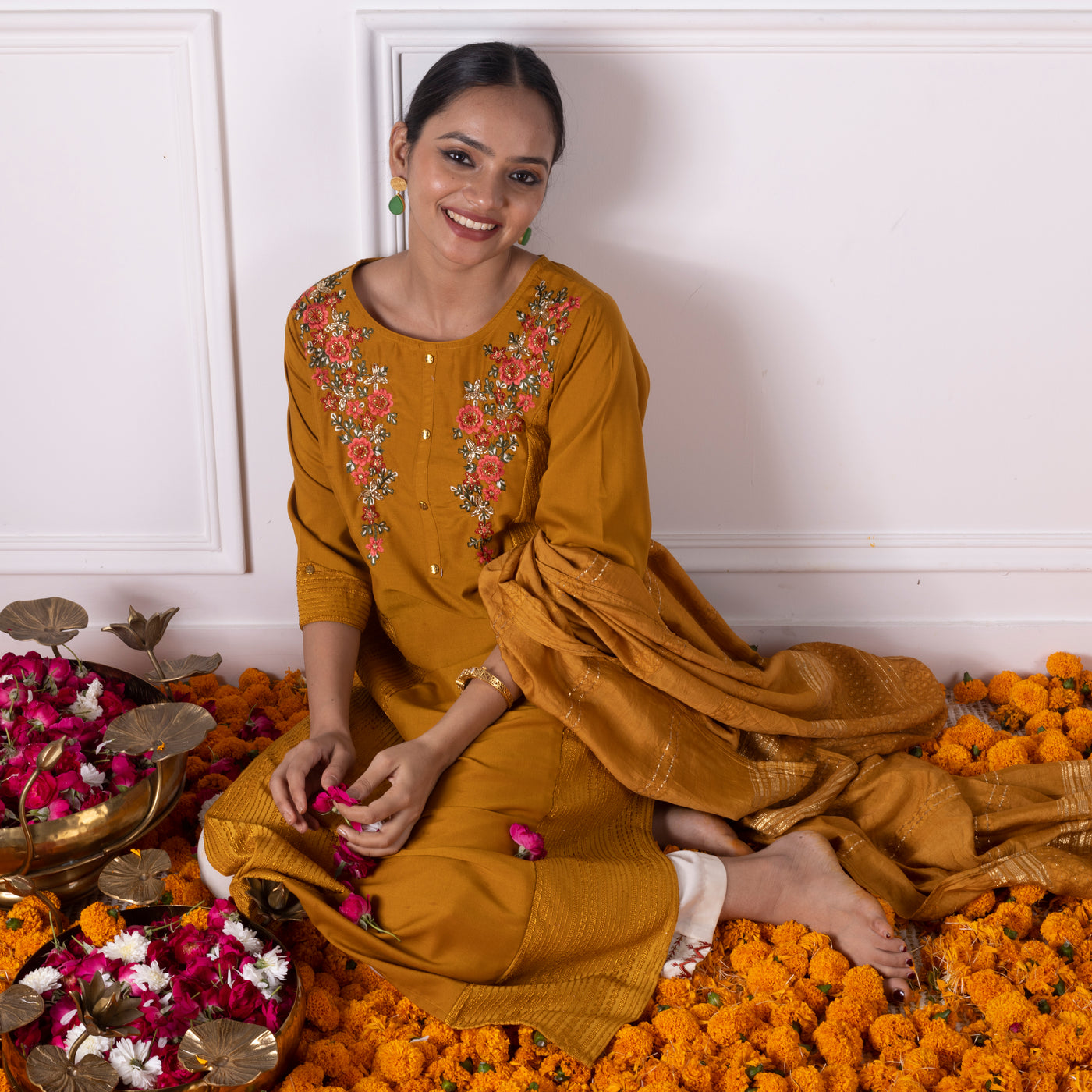 Mustard Yellow Embroidered Kurta with Pants and Dupatta